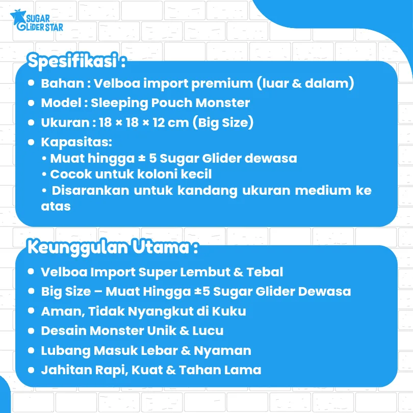 SUGAR GLIDER STAR Sleeping Pouch MONSTER Tempat Tidur Sugar Glider