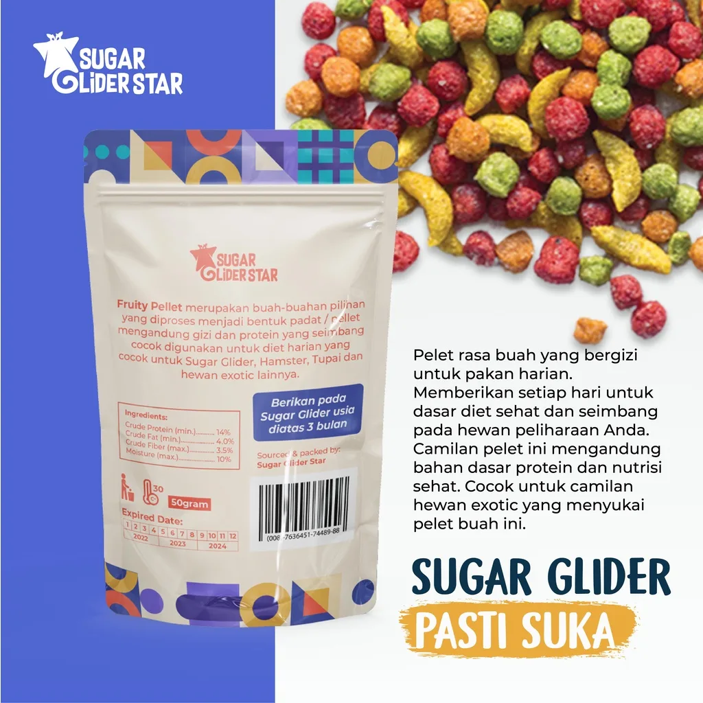 SUGAR GLIDER STAR Fruity Pellet Makanan Buah Kering Cemilan Sugar Glider 50gr