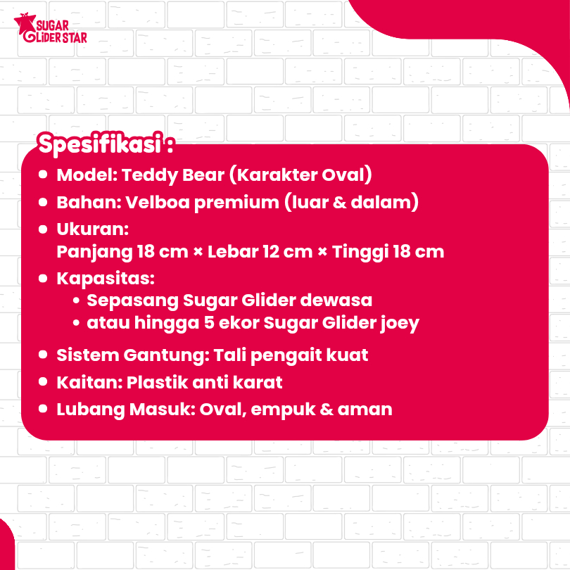 Sleeping Pouch Karakter Teddy Bear | Tempat Tidur Hewan Sugar Glider Hamster Tupai & Hewan Lainnya | Kantung Tidur Hewan | Kantung Tidur Model Gantung Ukuran Medium