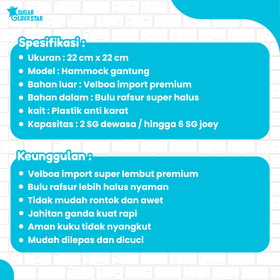 SUGAR GLIDER STAR Hammock Sleeping Pouch 1 Tingkat Warna Polos Sugar Glider