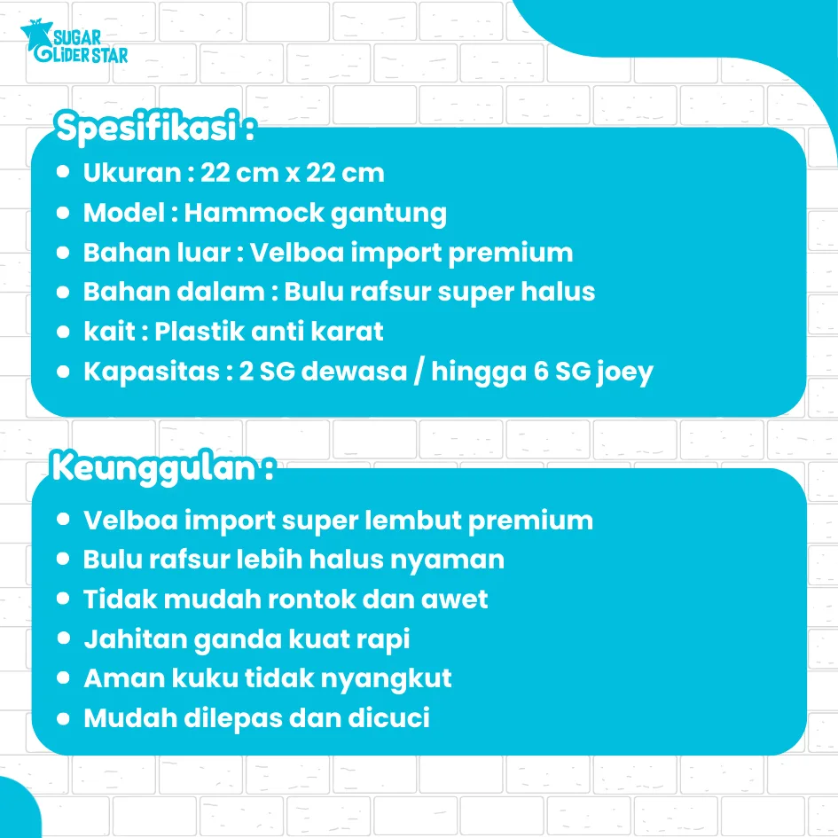 SUGAR GLIDER STAR Hammock Sleeping Pouch 1 Tingkat Warna Polos Sugar Glider
