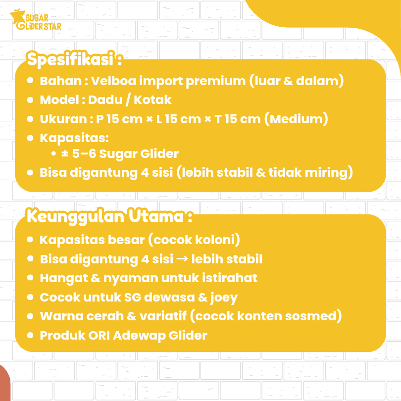 Sleeping Pouch Model Dadu Kotak Tempat Tidur Sugar Glider Bentuk Dice Motif Warna