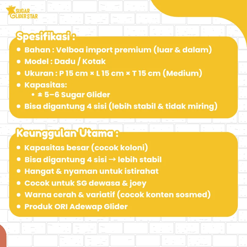 ADEWAP GLIDER Sleeping Pouch Kotak Dadu Sugar Glider Tempat Tidur Hewan Peliharaan Ukuran Medium