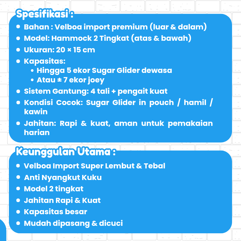 SUGAR GLIDER STAR Sleeping Pouch Hammock 2 Tingkat Polos Tempat Tidur Sugar Glider