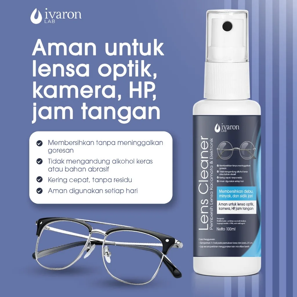 IVARON Lens Cleaner Pembersih Lensa Kacamata Kamera HP Jam Tangan Cepat Kering Tanpa Residu 100ML