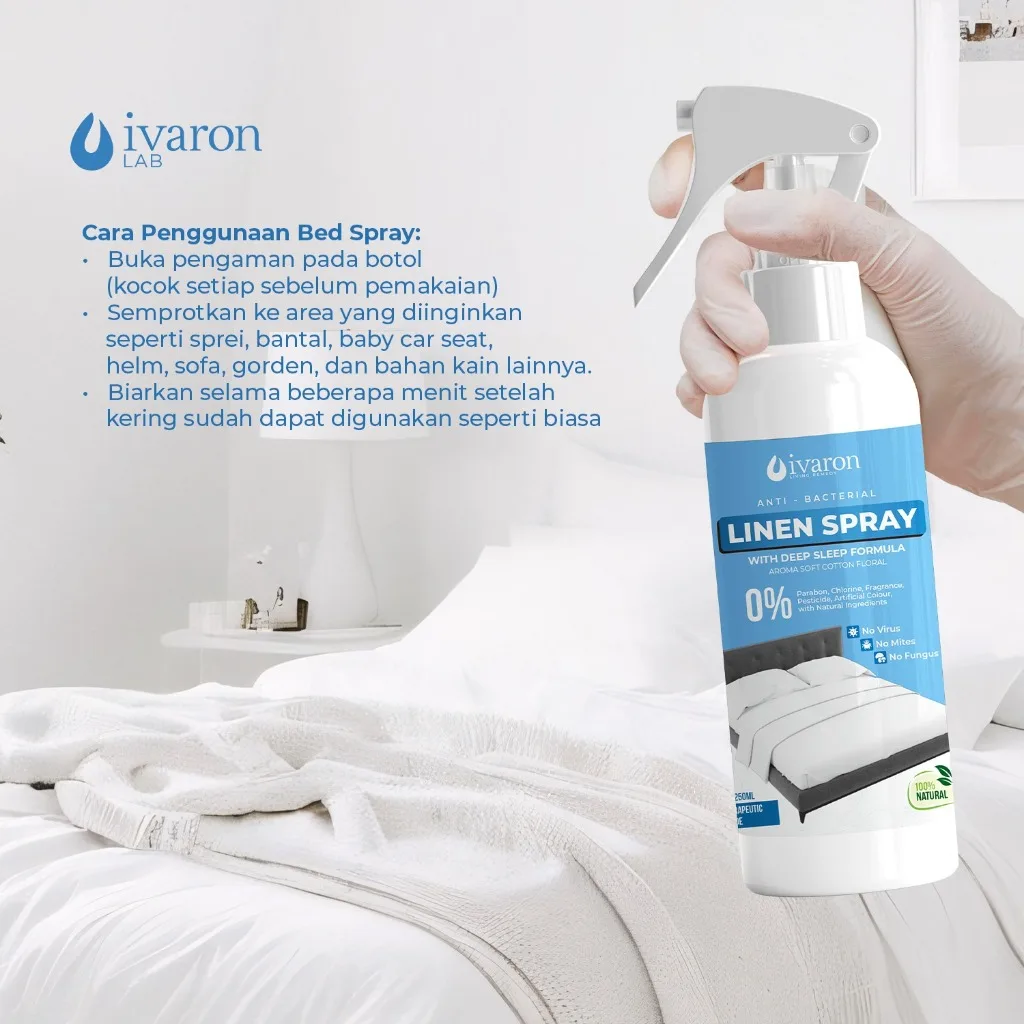 IVARON Linen Spray Anti Bacterial Soft Cotton Floral Pengharum Sprei Kasur Anti Kutu Deep Sleep 250m