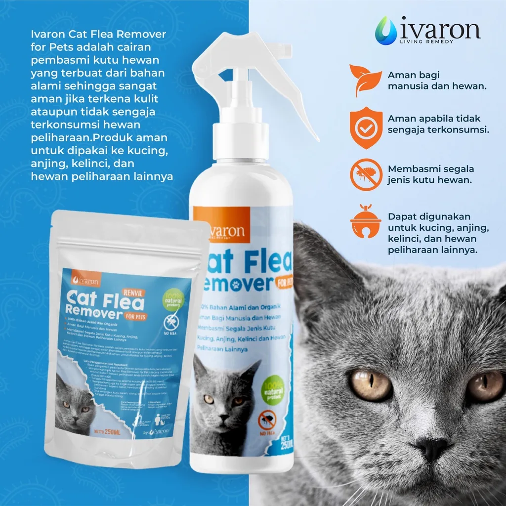 IVARON Obat Kutu Kucing Cat Flea Alami 250ml | Spray Pembasmi Penghilang Kutu Refill untuk Hewan Peliharaan