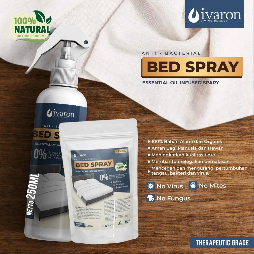 IVARON Paket Linen Spray Anti Bacterial Spray 250ml + Refill 250ml Parfum Kasur dan Bantal Spray