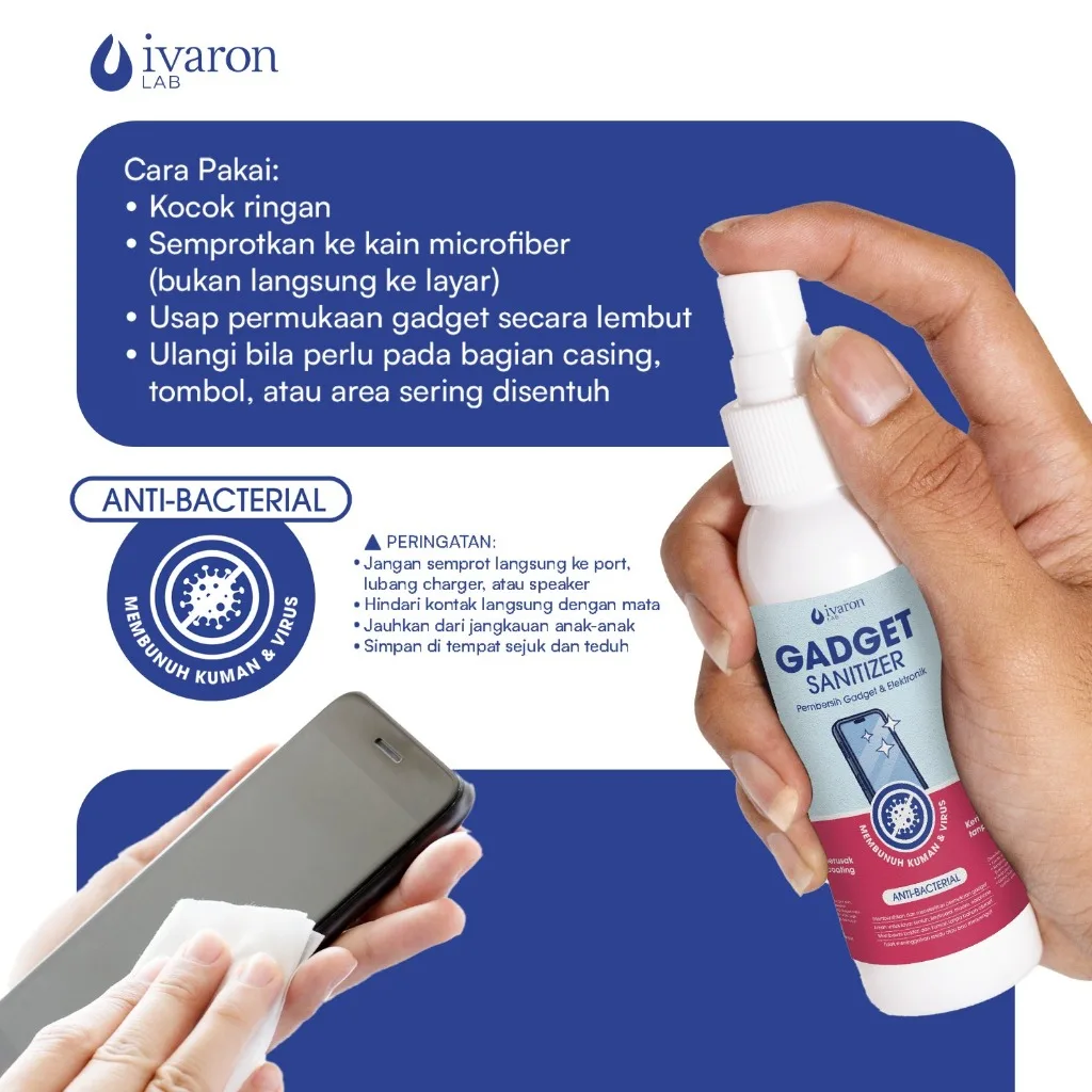 IVARON Gadget Sanitizer Pembersih Gadget Elektronik Anti Bakteri Aman Untuk Layar 100ml