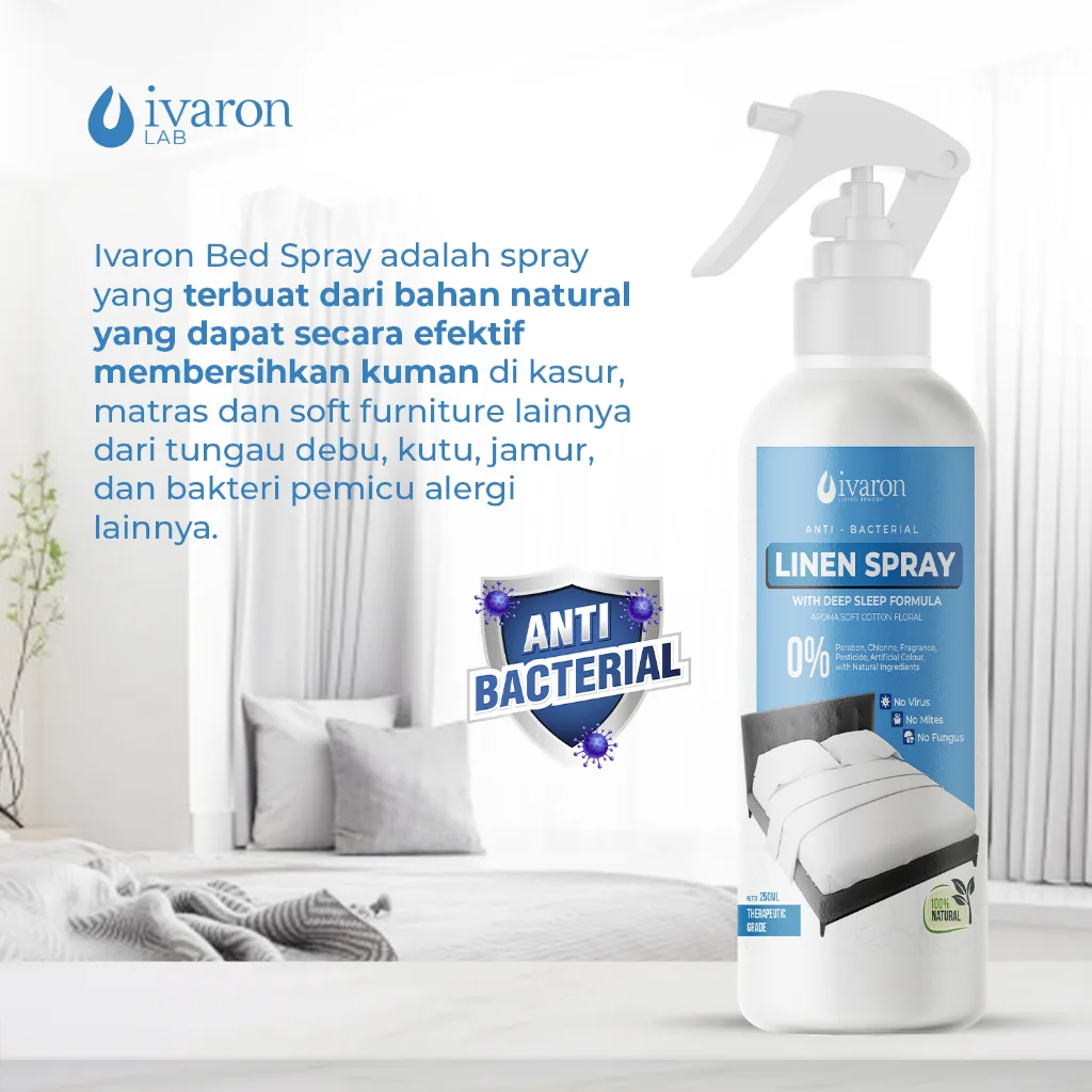 IVARON Linen Spray Anti Bacterial Soft Cotton Floral Pengharum Sprei Kasur Anti Kutu Deep Sleep 250m