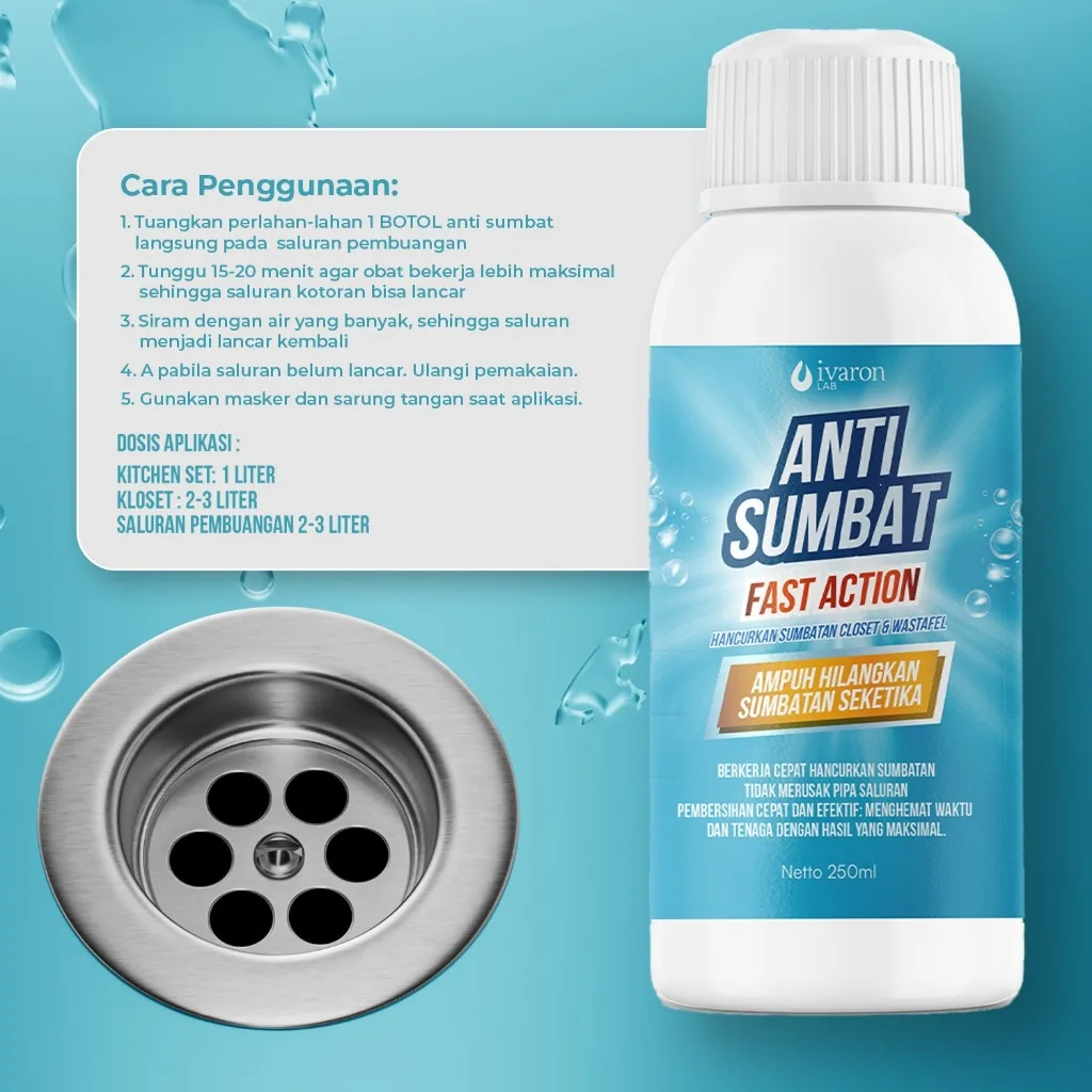 IVARON Anti Sumbat Fast Action Pembersih Saluran Wastafel Closet Ampuh Hancurkan Sumbatan 250ml