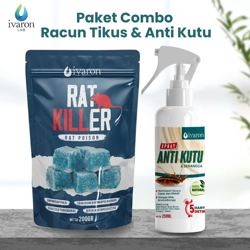 IVARON Paket 3 Anti Kutu Kasur Tungau 250ml Spray & Rat Killer Racun Tikus Mati Kering 200gr