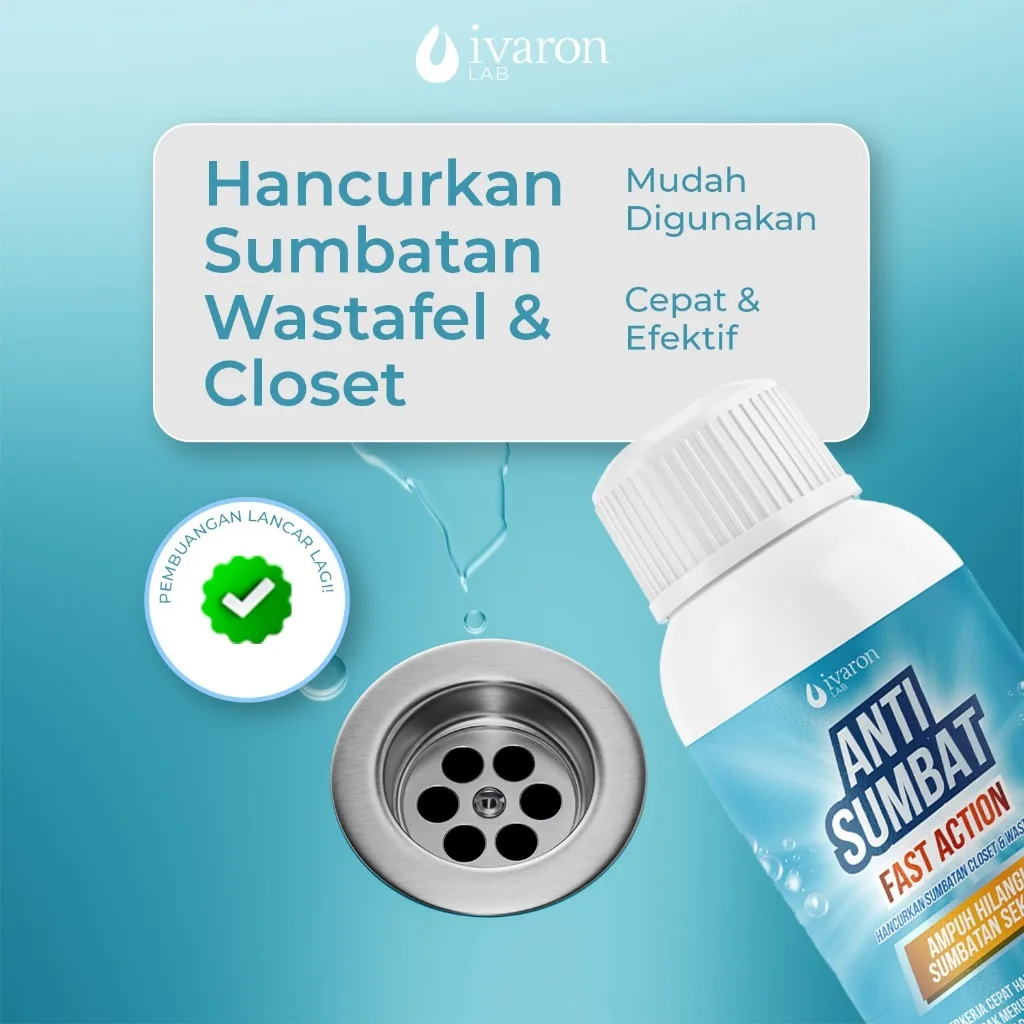 IVARON Anti Sumbat Fast Action Pembersih Saluran Wastafel Closet Ampuh Hancurkan Sumbatan 250ml