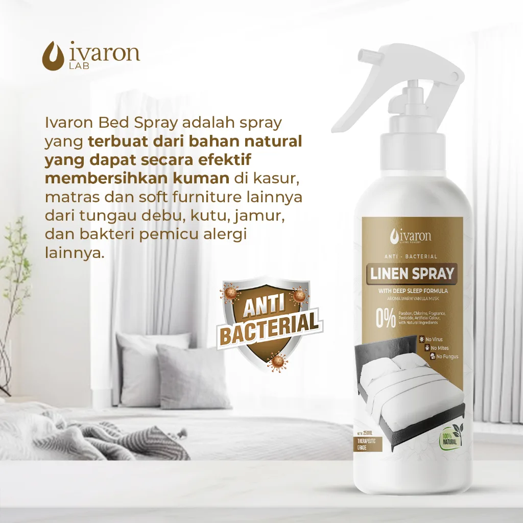 IVARON Linen Spray Warm Vanilla Pengharum Sprei Kasur Anti Bacterial Anti Tungau Deep Sleep 250ml