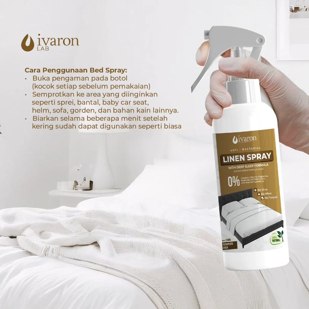 IVARON Linen Spray Warm Vanilla Pengharum Sprei Kasur Anti Bacterial Anti Tungau Deep Sleep 250ml