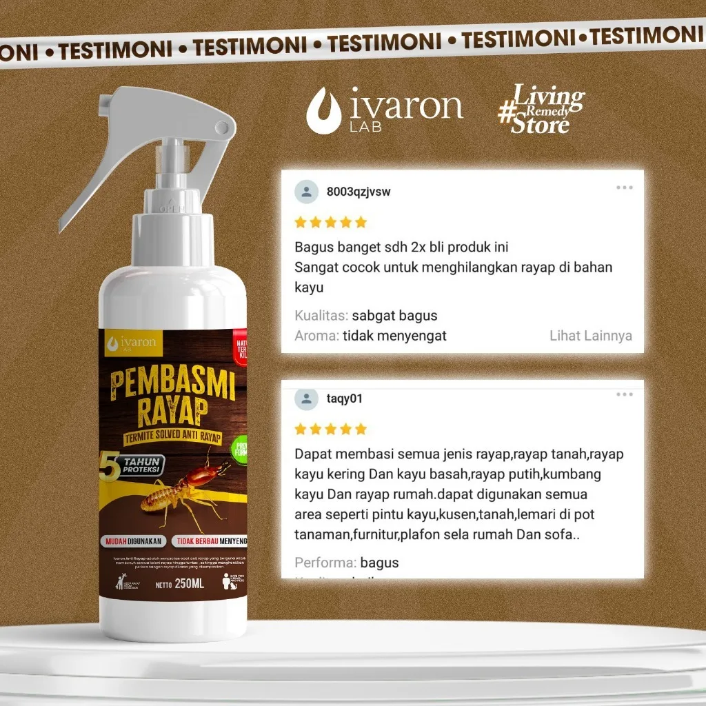 IVARON Paket Obat Anti Rayap Spray 250ml + Refill 250ml Cairan Anti Rayap Kayu dan Tembok Ampuh