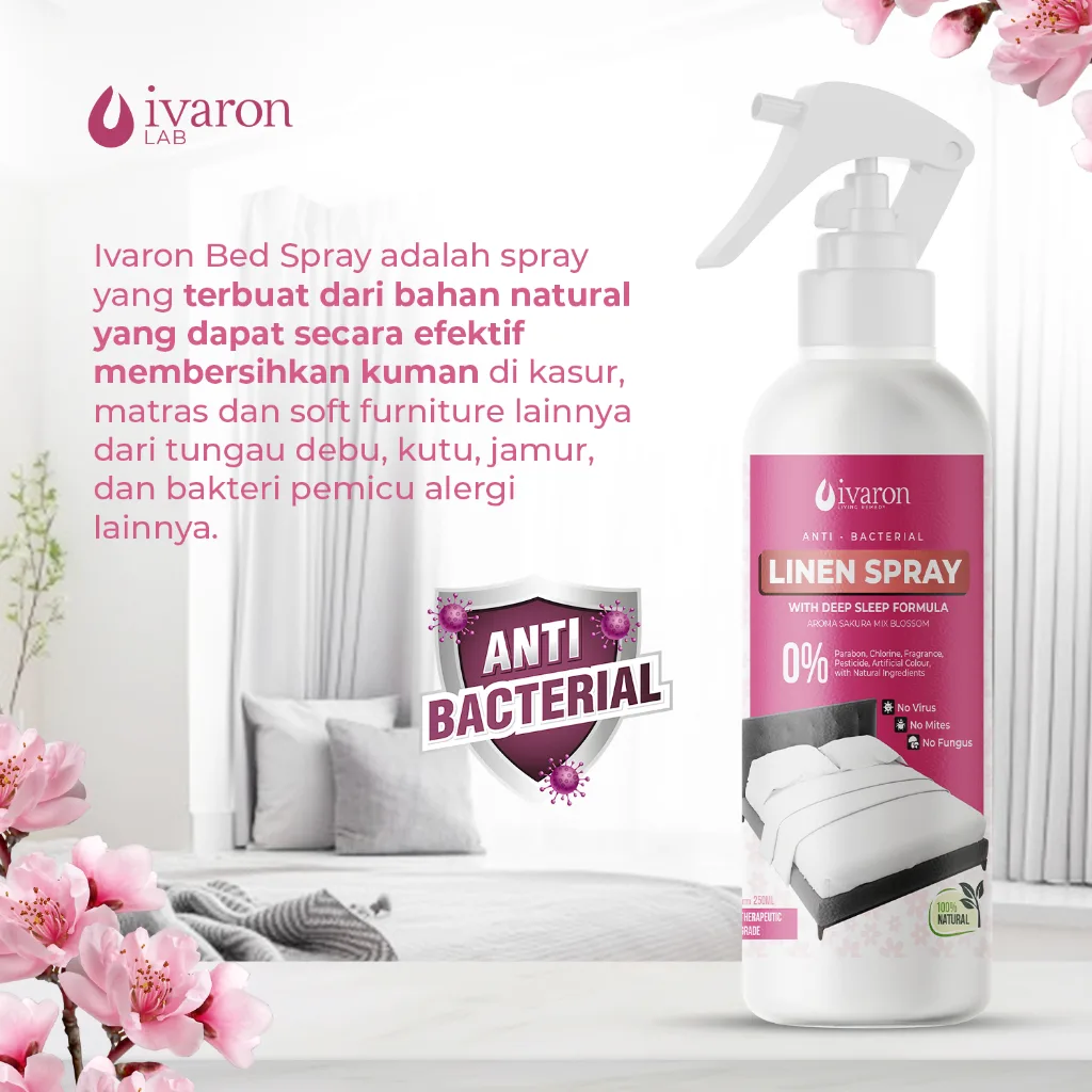 IVARON Linen Spray Sakura Blossom Pengharum Sprei Kasur Anti Bacterial Anti Tungau Deep Sleep 250ml