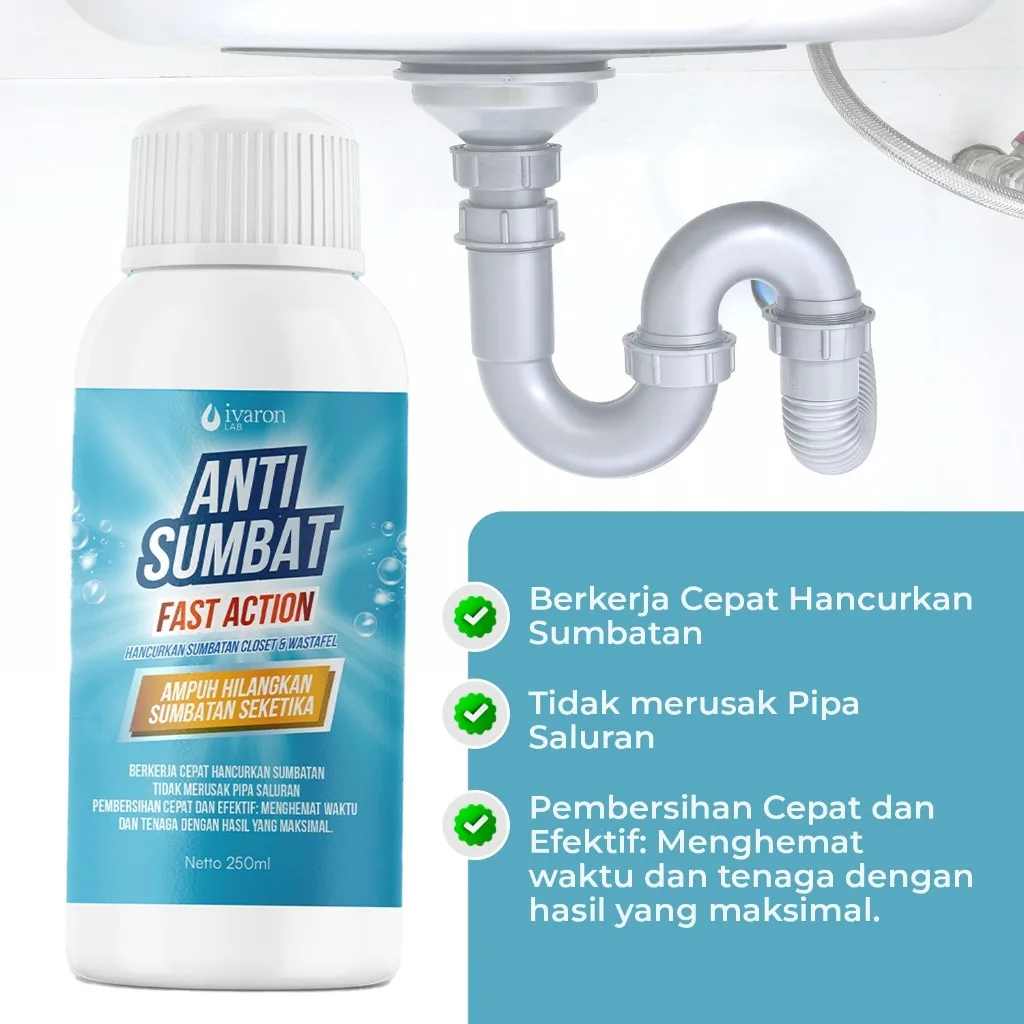 IVARON Anti Sumbat Fast Action Pembersih Saluran Wastafel Closet Ampuh Hancurkan Sumbatan 250ml