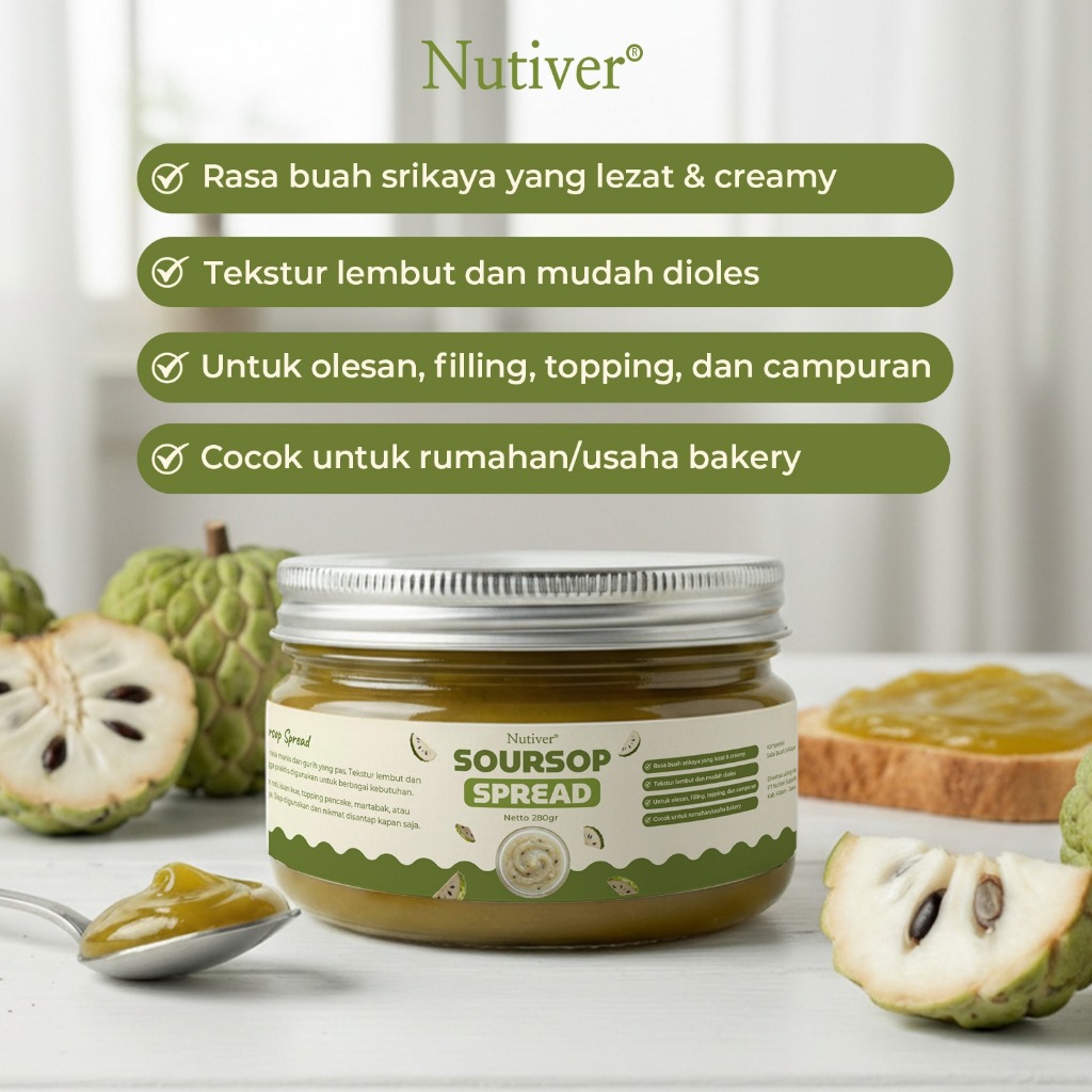 NUTIVER Soursop Spread 280gr Selai Srikaya Srikaya Selai Lembut Untuk Roti & Topping
