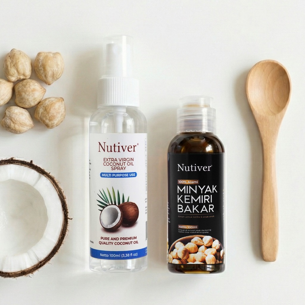 NUTIVER Paket Minyak Kemiri Bakar 100ml + VCO Spray 100ml Penumbuh Rambut Alami Perawatan Rambut