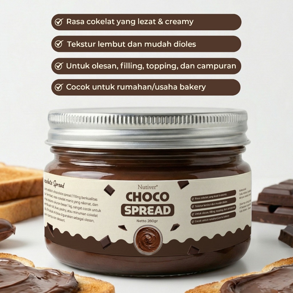 NUTIVER Choco Spread 280gr Selai Coklat Selai Cokelat Premium Creamy untuk Olesan Roti Topping Dessert & Baking