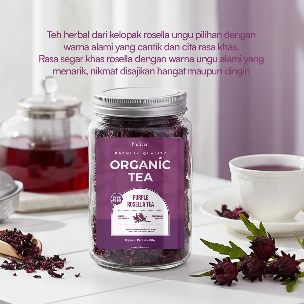 NUTIVER Purple Rosella Tea Organik 40gr | Teh Rosella Ungu Herbal Premium Loose Leaf