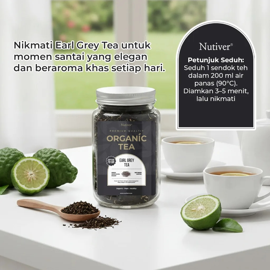 NUTIVER Earl Grey Tea Organik Teh Hitam Bergamot Premium Loose Leaf