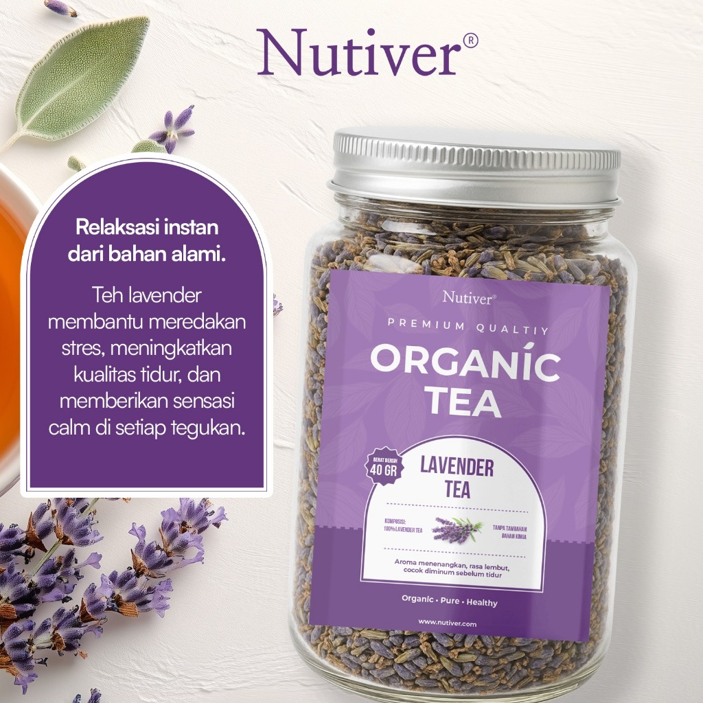 Nutiver Teh Bunga Organik Lavender Teh Herbal Aromatic Menenangkan Relaksasi Sebelum Tidur 40gr