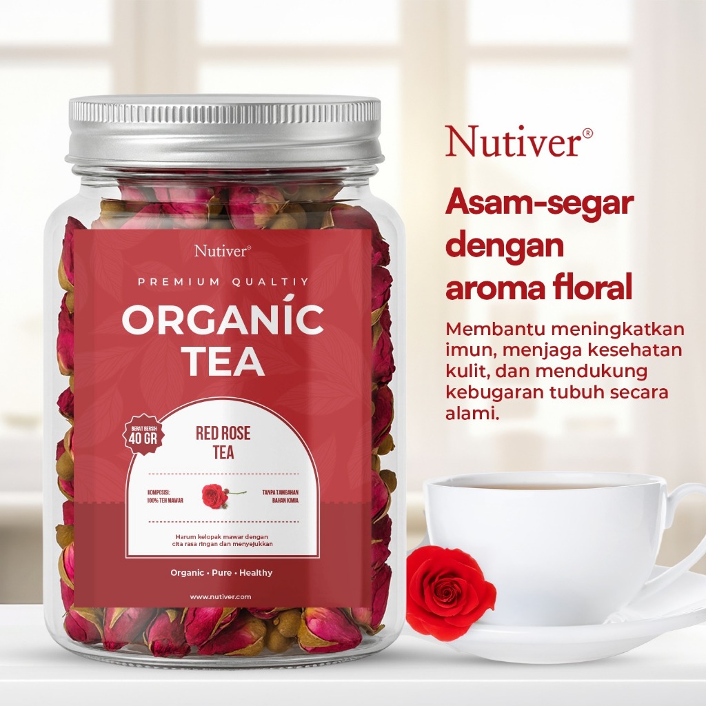 Nutiver Teh Bunga Organik Red Rose Tea Teh Mawar Herbal Aromatic Ringan Menyegarkan Tanpa Kafein 40g