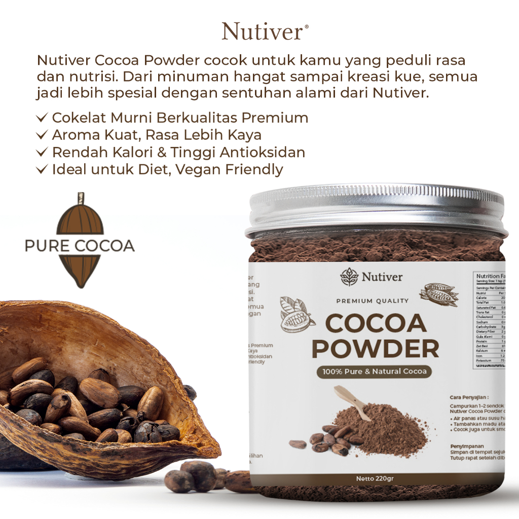 NUTIVER Paket Bundling Hemat Cocoa Powder 220gr + Liquid Stevia 10ml | 100% Pure Natural Cocoa | Sweet Drops