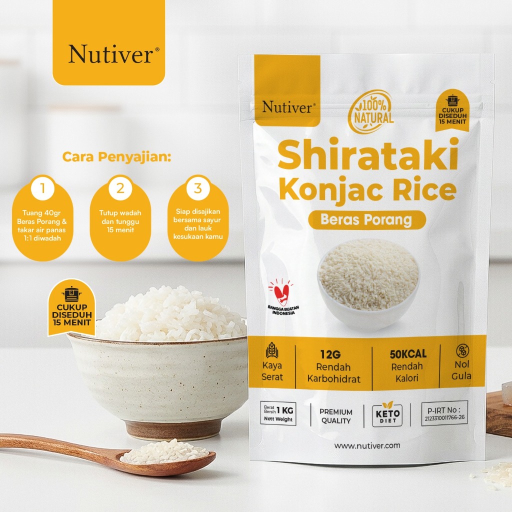 NUTIVER Beras Porang Untuk Diet Shirataki Konjac Rice Rendah Kalori dan Karbohidrat Netto 1 Kg