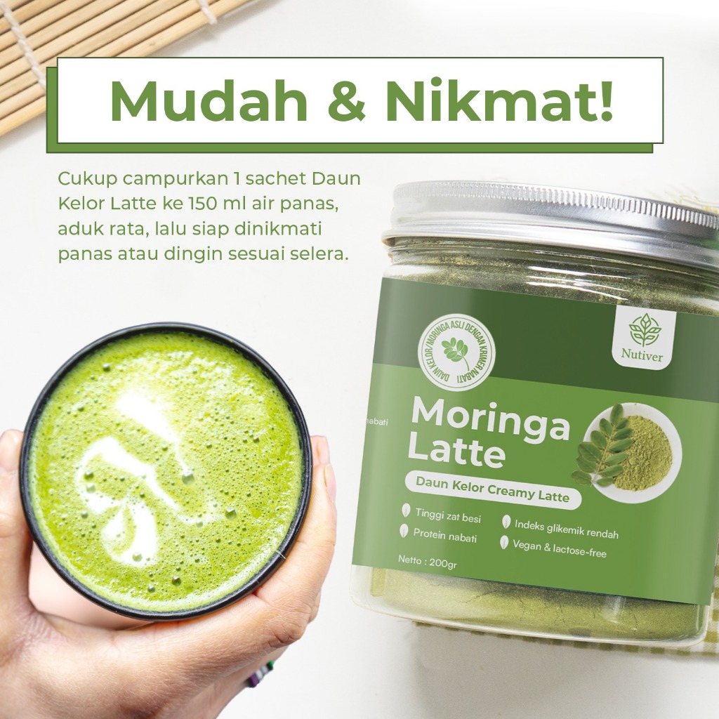 NUTIVER Moringa Latte Minuman Daun Kelor Bubuk Kelor Latte Vegan Moringa Powder Bebas Laktosa 200gr