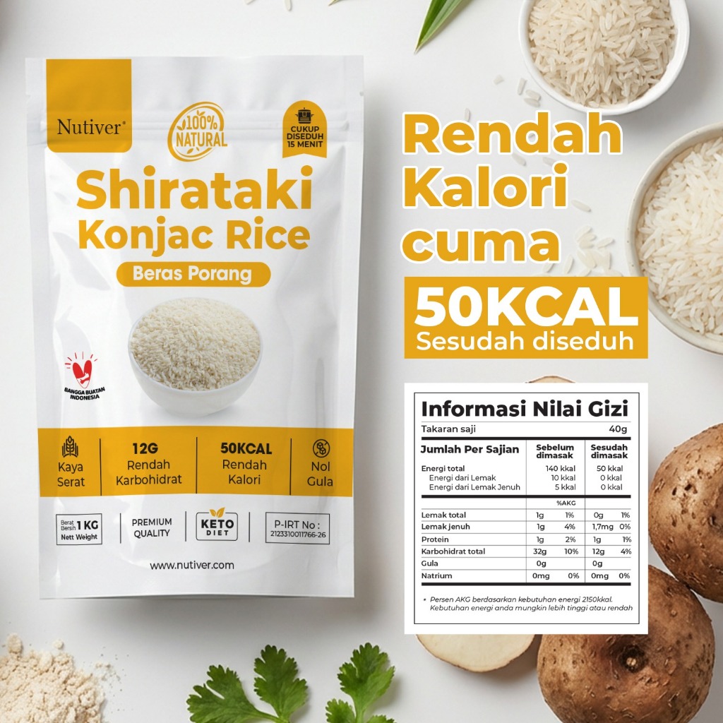 NUTIVER Beras Porang Untuk Diet Shirataki Konjac Rice Rendah Kalori dan Karbohidrat Netto 1 Kg