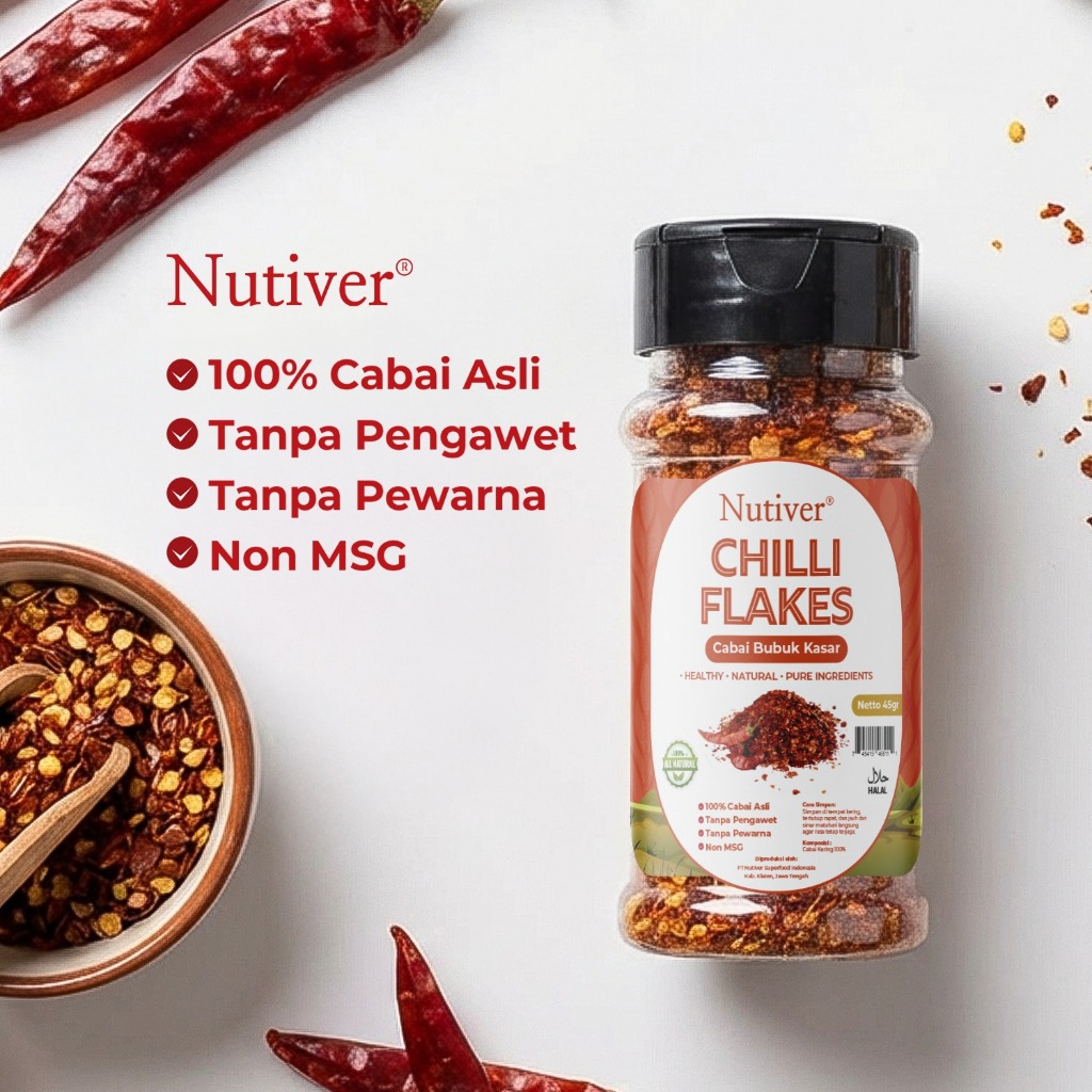 NUTIVER Chilli Flakes Cabai Bubuk Kasar 45gr Cabe Bubuk Original Bubuk Cabe Pedas Alami Tanpa MSG
