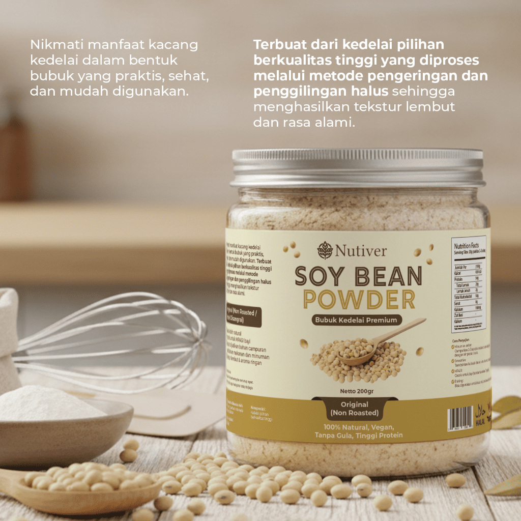 NUTIVER Bubuk Kedelai Premium Soy Bean Powder 200gr — 100% Natural Vegan Tanpa Gula Tinggi Protein