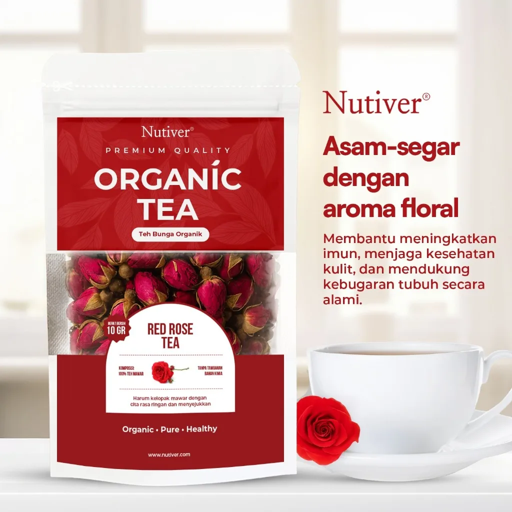 Nutiver Teh Bunga Organik Red Rose Tea Teh Mawar Herbal Aromatic Ringan Menyegarkan Tanpa Kafein 10g