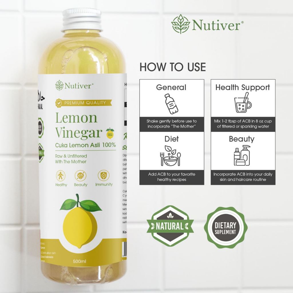NUTIVER Cuka Lemon Murni 500ml Asli Fermentasi Alami Lemon Cider Vinegar untuk Diet & Pencernaan