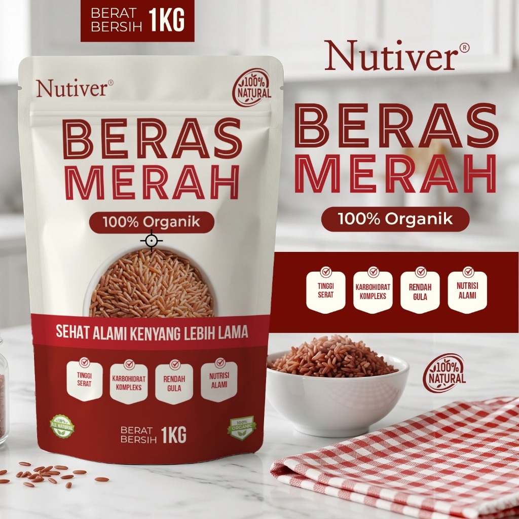 NUTIVER Beras Merah Organik 1kg Beras Diet Sehat Tinggi Serat Rendah Gula Karbo Kompleks
