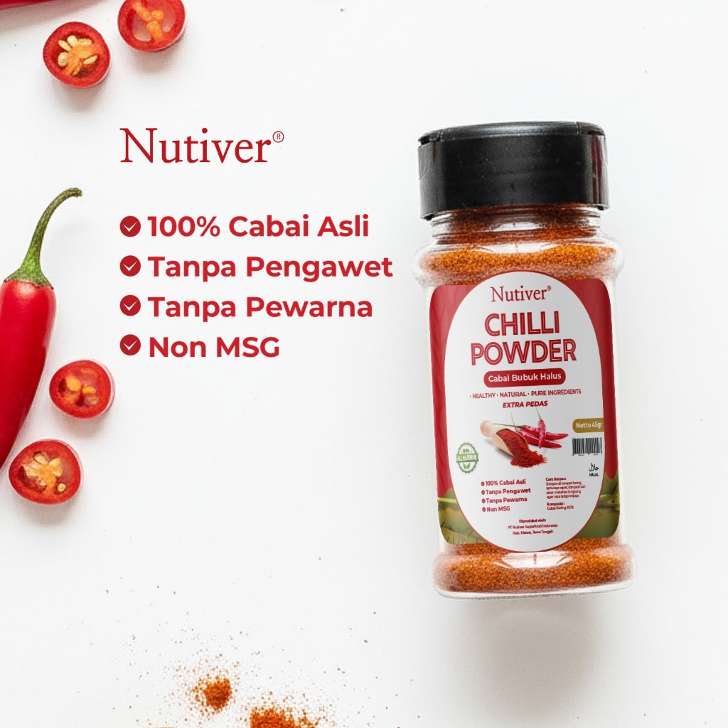 NUTIVER Chili Powder Cabai Bubuk Halus 45gr Cabe Bubuk Original Bubuk Cabe Pedas Asli Tanpa MSG