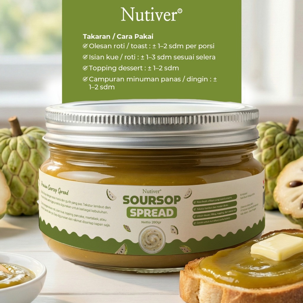 NUTIVER Soursop Spread 280gr Selai Srikaya Srikaya Selai Lembut Untuk Roti & Topping