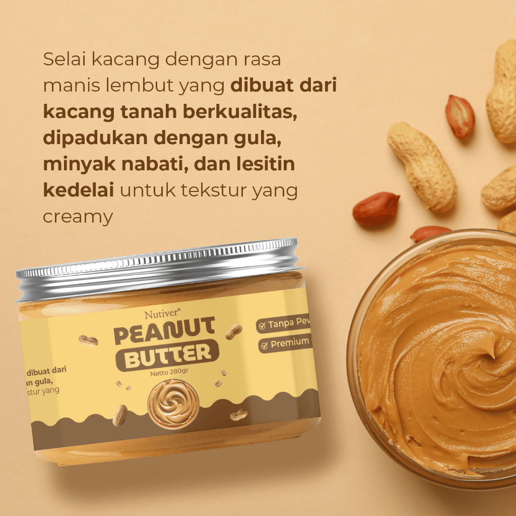 NUTIVER Peanut Butter Selai Kacang 280gr – Creamy Peanut Butter, Kaya Protein & Lemak Sehat