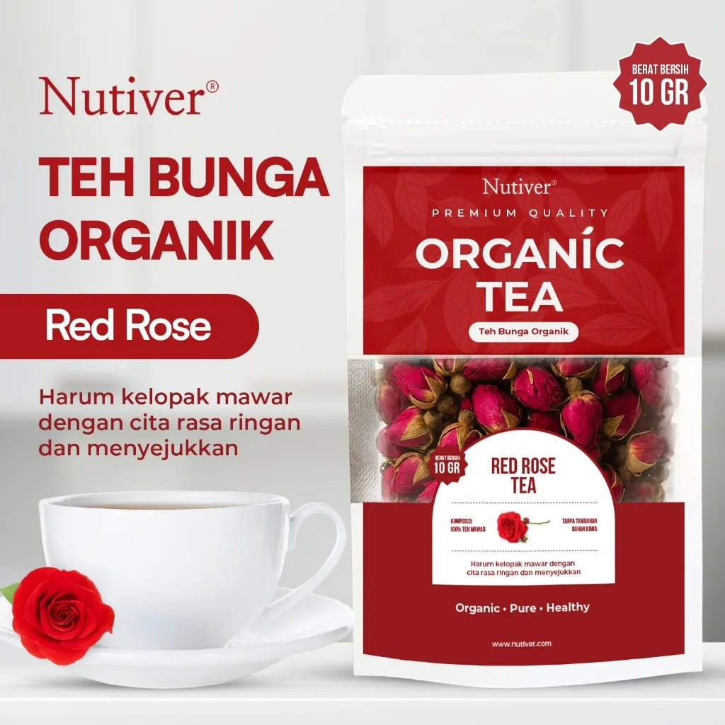 Nutiver Teh Bunga Organik Red Rose Tea Teh Mawar Herbal Aromatic Ringan Menyegarkan Tanpa Kafein 10g