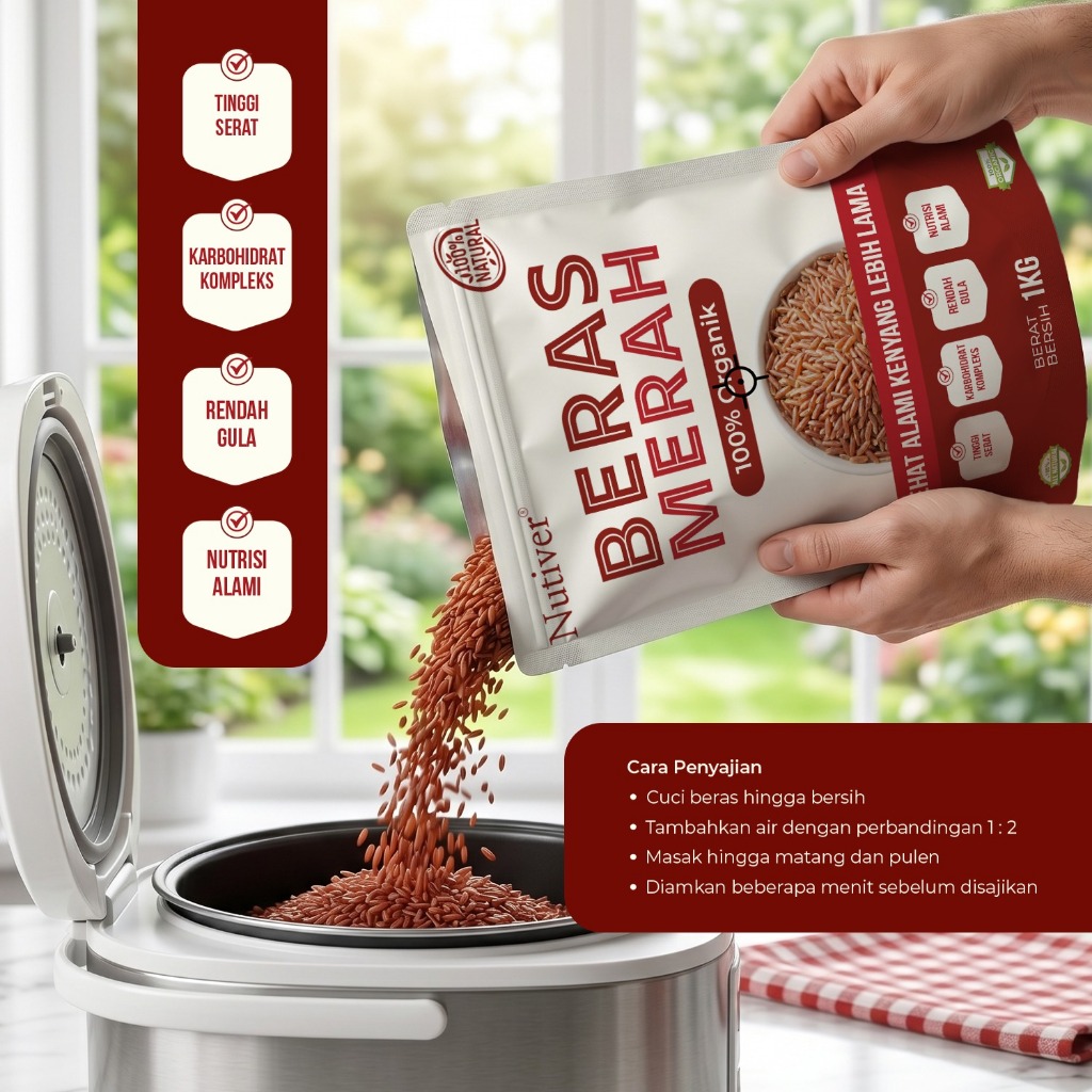 NUTIVER  Beras Merah Organik 1kg Beras Diet Sehat Tinggi Serat Rendah Gula Karbo Kompleks