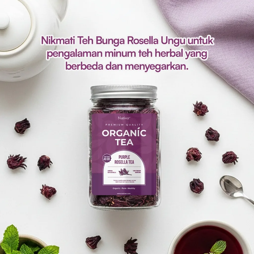 NUTIVER Purple Rosella Tea Organik 40gr | Teh Rosella Ungu Herbal Premium Loose Leaf