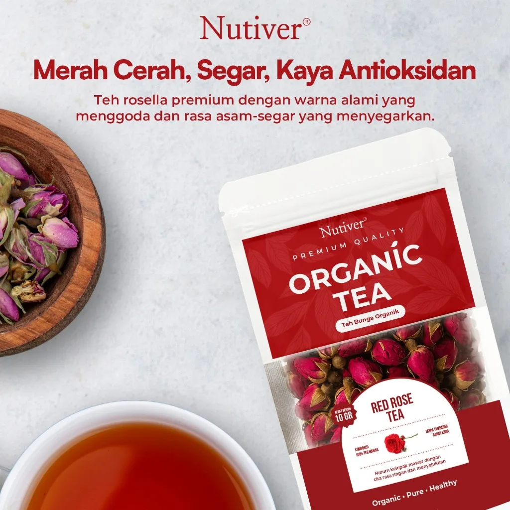 Nutiver Teh Bunga Organik Red Rose Tea Teh Mawar Herbal Aromatic Ringan Menyegarkan Tanpa Kafein 10g