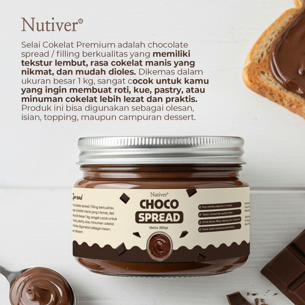 NUTIVER Choco Spread 280gr Selai Coklat Selai Cokelat Premium Creamy untuk Olesan Roti Topping Dessert & Baking