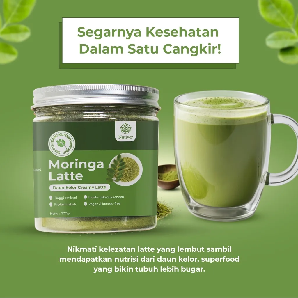 NUTIVER Moringa Latte Minuman Daun Kelor Bubuk Kelor Latte Vegan Moringa Powder Bebas Laktosa 200gr