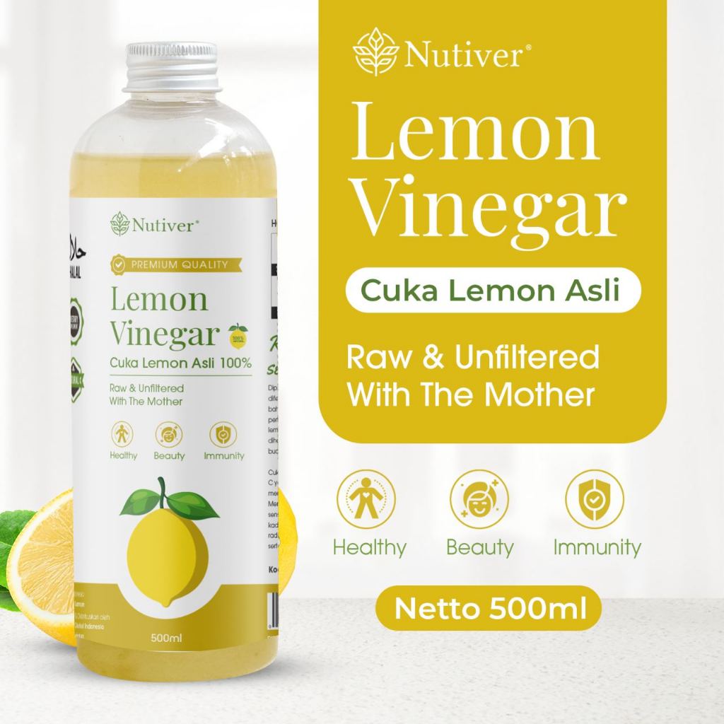 NUTIVER Cuka Lemon Murni 500ml Asli Fermentasi Alami Lemon Cider Vinegar untuk Diet & Pencernaan