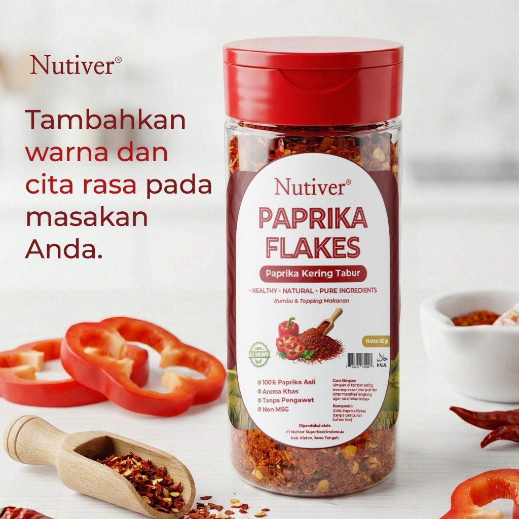 NUTIVER Paprika Flakes 60gr Paprika Bubuk Kasar Kering Tabur Bumbu Tabur Masakan Non MSG