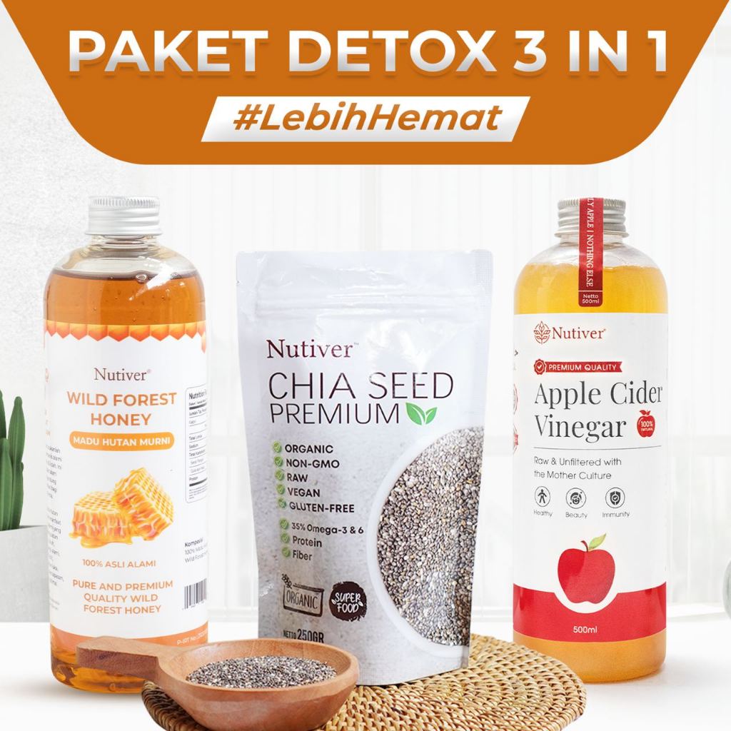 NUTIVER Paket Hemat 5 / Detox 3 In 1 Madu Hutan 500ml + Cuka Apel 500ml + Chiaseed 250gr